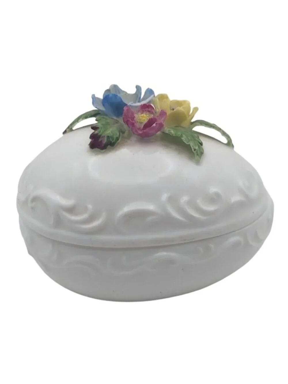 Vintage Towle Fine Bone China Egg Shaped Trinket Dish With Capodimonte Flowers